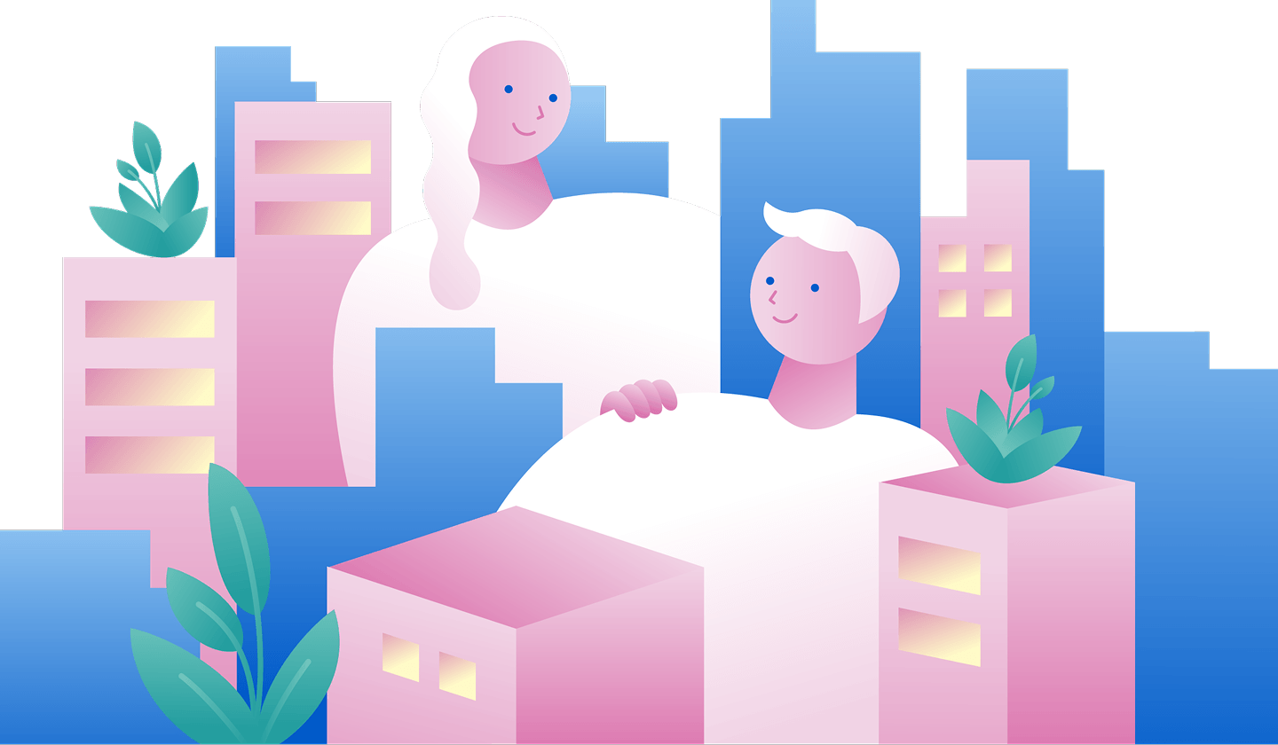 街並みの中で寄り添う2人の人物のイラスト